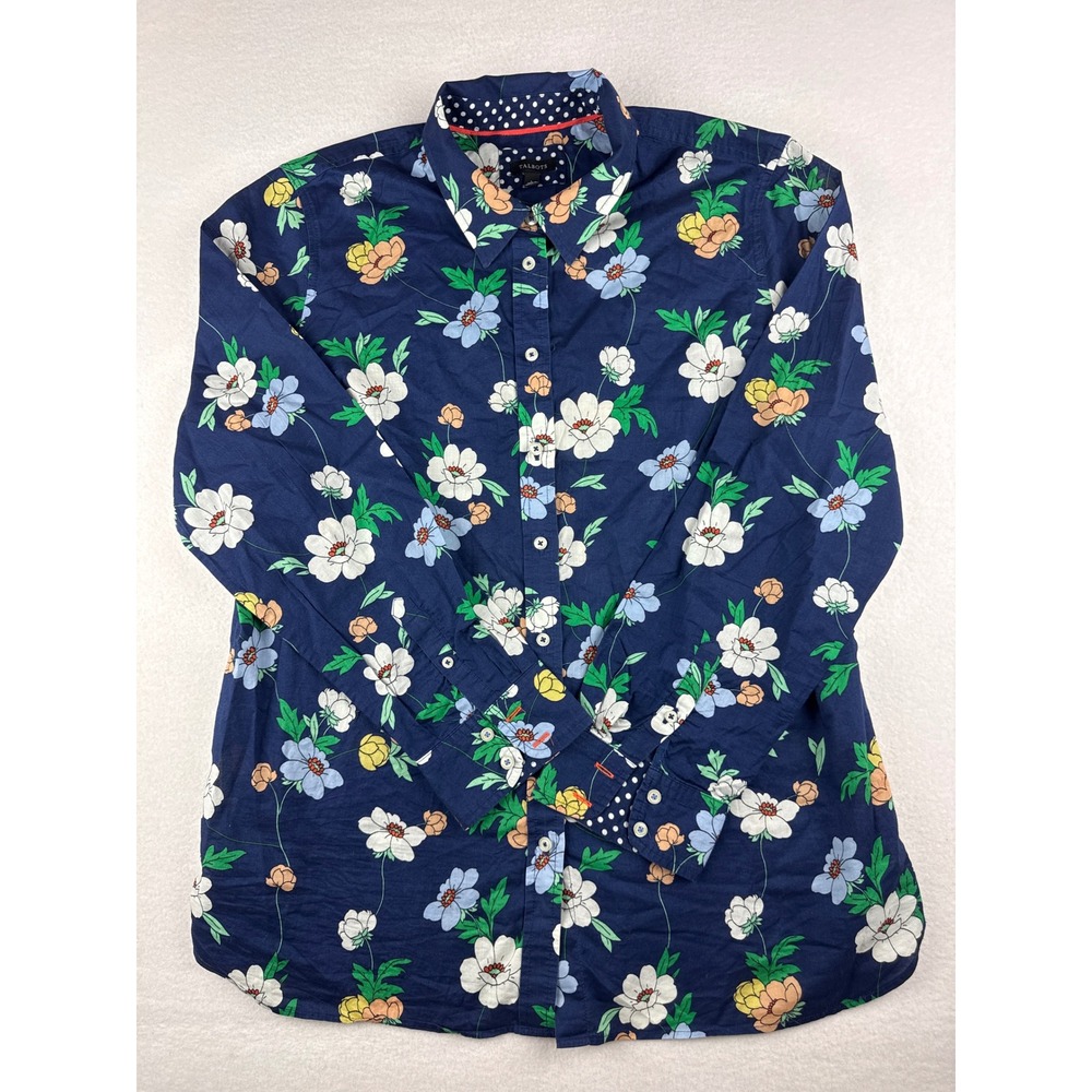 Talbots Womens Navy Blue Floral Cotton Button Down Shirt Size L Long Sleeve